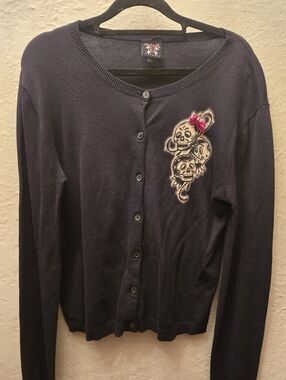 Lucky 13 Skull Cardigan L Y2K Gothic Tattoo Rockabilly Sweater